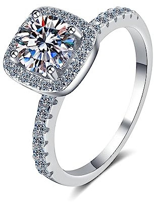Skcess Ring 925 Silber Damen, 4 Zinken Ring Frauen Weiß Moissanite Ring 1ct Trauring Ehering Verlobung Hochzeit Geschenk Größe 49 (15.6)