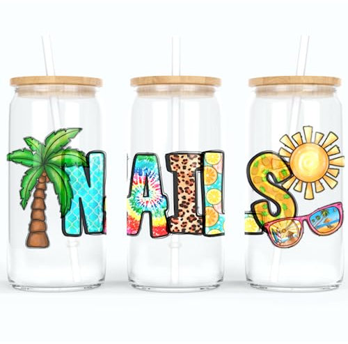online-hut - Trinkglas - Longdrink Glas - Becher aus Glas inkl. Deckel und Strohhalm - mit Nail Schriftzug im Sommerdesign - A-NB-02-1 (Milchig Weiß)