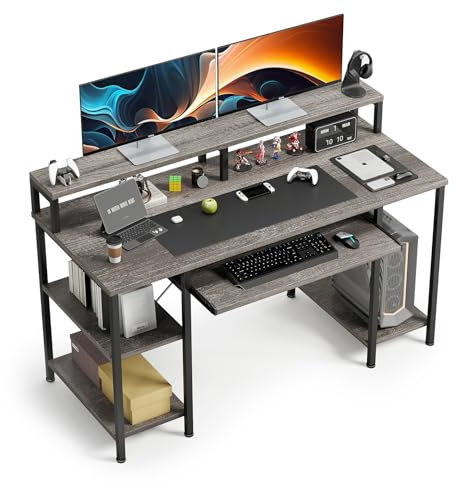CAIYUN 47 Computer Desk with Keyboard Tray, Home Office Desk with Monitor Stand, Study Writing Table, Work Desk, Grey Oak