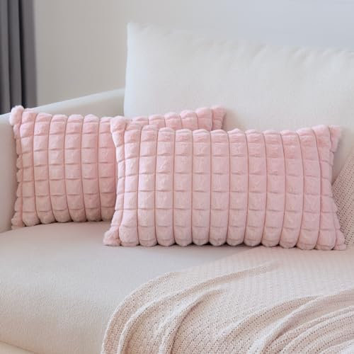 Soleebee 2er Set Plüsch Samt Kissenbezüge, Weiche Künstliche Pelz Plaid Textur Kissenbezug Sofa Zierkissenbezüge Dekokissen Kissenhülle Set für Couch Schlafzimmer Zuhause Dekor (30x50cm, Rosa)