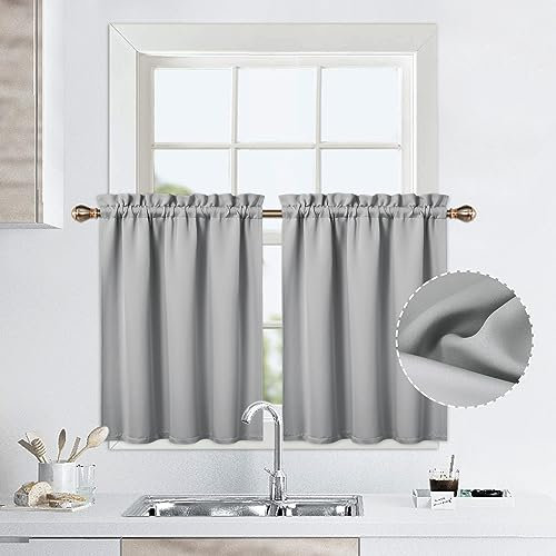 LinTimes Kurze Fenstervorhänge,Verdunkelungsvorhang für Küche Fenster,Thermische Fensterbehandlung und Cafe-Vorhang zur Raumverdunkelung 66cmx91cm(26x36 inch),2 er Set Hellgrau