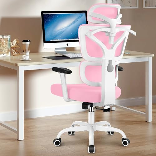 Winrise Office Chair Ergonomic Desk Chair, High Back Gaming Chair, Big and Tall Reclining Comfy Home Office Chair Lumbar Support Breathable Mesh Computer Chair Adjustable Armrests,Pink