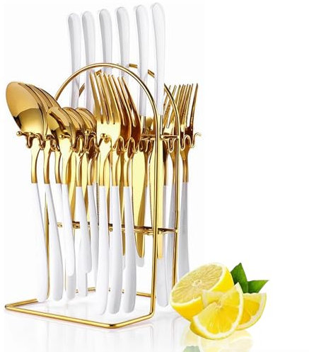Lot de 24 ustensiles de cuisine dorés et argentés avec support de vaisselle en argent, couteaux, fourchettes et cuillères en acier inoxydable - Service pour 6 - Vaisselle de cuisine pour fête de
