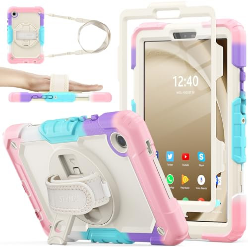 SEYMAC stock for Samsung Galaxy Tab A9 Case 8.7 inch 2023, Heavy Duty Shockproof Cover with Screen Protector, 360° Rotating Stand/Hand Strap & Pen Holder for Samsung A9 Tablet Case, Pink