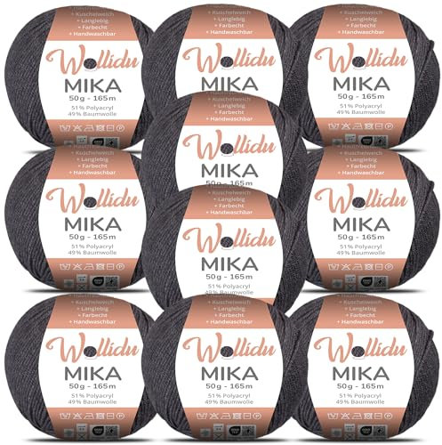 Wollidu Mika 51% Polyacryl 49% Baumwolle zum Häkeln und Stricken 10x 50g/165m Oeko-Tex Strickgarn Häkelgarn - Anthrazit