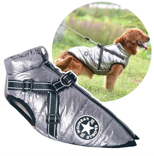 2 in 1 große Hundejacke mit Geschirr, Outdoor Hundesportweste Geschirr, Outdoor warmes Haustier Wintermantel Geschirr für große Hunde, (Silber)