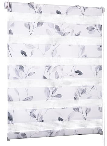 Deswell Doppelrollo Klemmfix ohne Bohren Weiß-Blätter B90 x H150 cm (Stoffbreite 86cm) Rollos für Fenster ohne Bohren mit Blüten Motiv Duorollo für Lichtdurchlässig Höhe Stufenlos Verstellbar