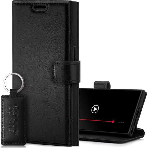 SURAZO Handyhülle für Samsung Galaxy S24 Ultra Hülle Leder – Klappbare Echtleder Schutzhülle [Magnet, Kartenfach, RFID Schutz, Standfunktion] Flip Klapphülle Wallet Case Cover Lederhülle (Schwarz)