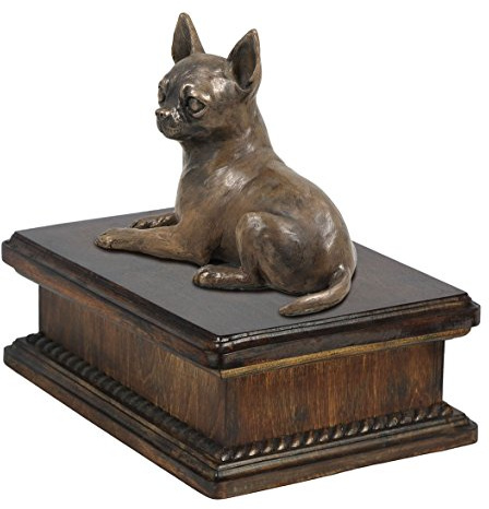 Art-Dog Custom Dog Mama Sitzende Statue Gedenkurne - Handgefertigte kaltgegossene Bronze auf Birkensockel - Urne für die Asche von Hunden - 24,5x29x21cm - 5l - Chihuahua