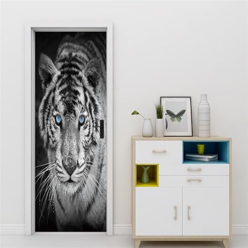 Türfolie Selbstklebend Tier Tiger Blau Türtapete PVC Türposter Tapete Abnehmbar Türaufkleber Abziehen und Aufkleben Klebefolie Möbel Wasserdichte Fototapete Türfolie 77x200cm
