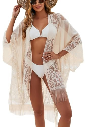 colornival Kimono de Plage en Dentelle Blanche - Robe de Plage Sexy et Élégante pour Femmes, Parfaite pour Vacances