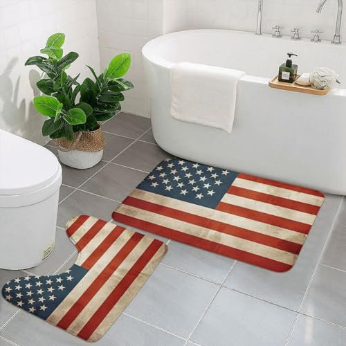 NONHAI Badezimmerteppich-Set, 2-teilig, rutschfeste Badematte für Badezimmer, weich, saugfähig, Badteppich, Vintage, amerikanische USA-Flagge, Bodenmatte, waschbar, Duschvorleger für Badezimmer,