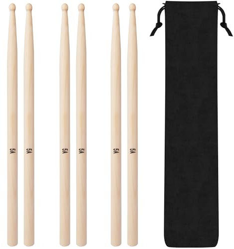 Newellsail Baguettes de Batterie 5A Classique Érable Drum Sticks Pointe en Bois Ensemble de Baguettes avec Sac de Rangement pour Débutants Étudiants Adultes (3 Paires)