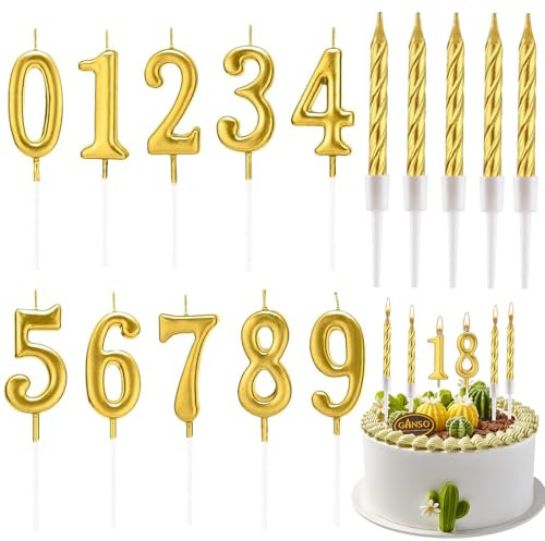 Paquete de 20 Velas Doradas de Cumpleaños Números 0-9 Velas con Forma de Números 10 Piezas Velas Doradas en Espiral para Pastel con Soporte para Decoración de Cumpleaños, Fiestas y Aniversarios