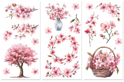 Peacoblue Trasferimenti rosa per artigianato, 3 pezzi, ciliegie, 15 cm x 30 cm, resistente ai raggi UV, impermeabile, per lavatrice, mobili giapponesi, per cassettiera, cassettiera, vetro, porcellana,