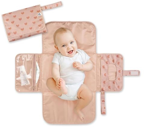 Tiny Twinkle Tragbare Wickelunterlage – Faltbare & Waschbare Wickelmatte für unterwegs – Wasserdicht & Kompakte Baby-Wickelmatten mit Fach für Feuchttücher & Stauraum (Boho Regenbogen)