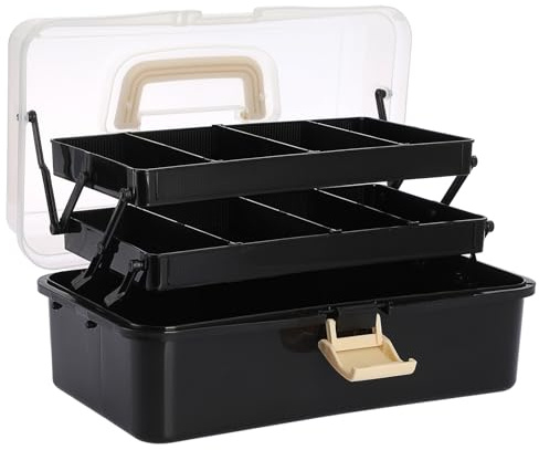 IGNPION 3 Tiers Craft Stackable Storage Box, Plastic Dividers Organiser Box | 9-compartment, Mulit Purpose Compartment Organiser Box for Tool, Bead, Arts Crafts, Stationery, Sewing, Medicine, Black+Beige