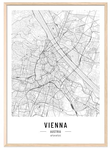 JUNOMI® Wien Poster DIN A3 mit Rahmen Natur, DIN A3 Wohnzimmer Deko, Modernes Wandbild, Wien Bild, Wandbild mit Rahmen, Stadtplan Poster Wien, perfekte Geschenkidee für Wiener