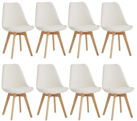 JZGORC Lot de 8 Chaise de Salle à Manger, Chaise de Cuisine Rembourrée en Velours Granulaire, Chaise de Salon avec Pieds en Hêtre Massif, Convient pour Chambre à Coucher, Salon, Cuisine – Blanc
