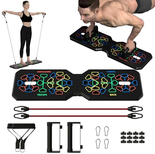 Planche de Pompes, Push Up Board, Pompes Multifonction avec Poignées, Antidérapants, Support de Pompes Pliable, Équipement Professionnel d'entraînement de Force avec Corde d'entraînement Élastique ﻿