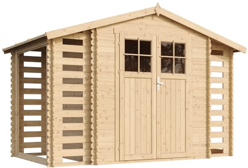 Holzhaus Gartenhaus mit Brennholzschuppen TIMBELA M391F - Gartenschuppen Holz B328xL206xH218 cm/ 3,53 + 0,97 + 0,97 m2 Lagerschuppen für Garten - Fahrrad Schuppen - Wasserfestes Dach