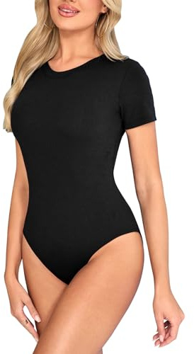 Kefiyis Body Femme Manches Courtes Bodys Femme Chic Col Rond Bodysuit Élastiqué Body String avec Snap Noir M