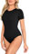 Kefiyis Bodysuit Short Sleeves Bodysuits for Women UK Crew Neck Body Suits Casual Slimming Stretch Leotard Tops with Snap Closure Thong Black M