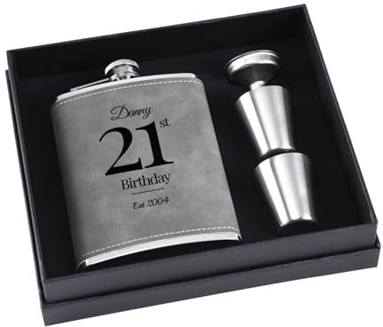 Personalised Flask Gift Set for Men, 8 oz 304 Stainless Steel Engraved Hip Flasks, Custom Flask for Happy Birthday Gift (Grey)