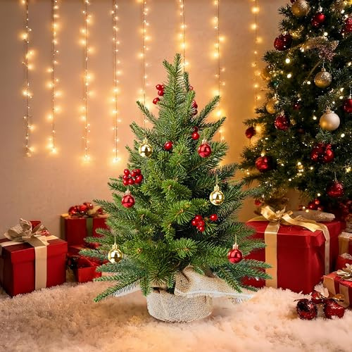 Mini Albero di Natale Piccolo, PhilzOps 60 cm Alberi Natale da Tavolo Artificiale Interno Addobbi Natalizi Decorato con Bacche Rosse e Palline di Natalizie per Decorazioni Ufficio Casa Fai DIY