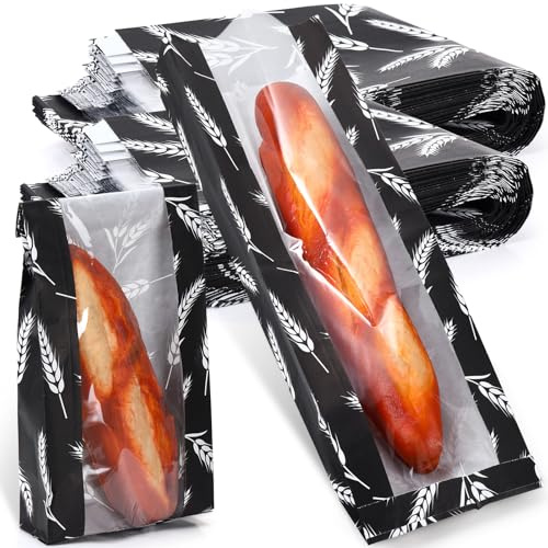 Affrolling 100 Pcs French Bread Bags Bulk with Window for Homemade, 18 x 6.5 x 2 Inch Long Paper Bags for French Bread for Bakery Storage Brown Kraft Loaf Biscuits Packaging (Black White)