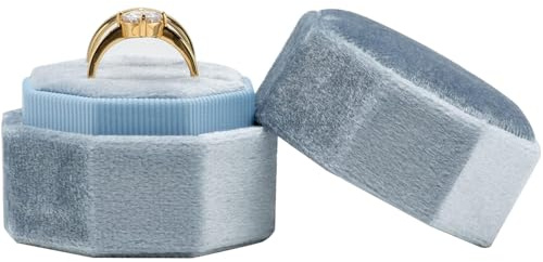 Ringbox Hochzeit aus Samt mit abnehmbarem Deckel, 2 Slot Ringschatulle für Verlobungsring & Ehering, Elegante Sechskant Ringdose für Antrag, Valentinstag, Hochzeitszeremonie oder Schmuckdisplay,Blau