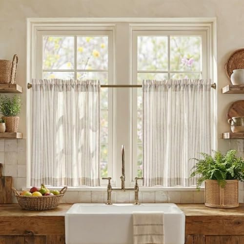 PONY DANCE Leinen Bistrogardinen mit Beigen Streifen Decorazione Lichtdurchlässige Scheibengardinen Landhausstil 2 Stücke B 60 x H 45 cm Halbtransparente Fenstergardine mit Stangedurchzug