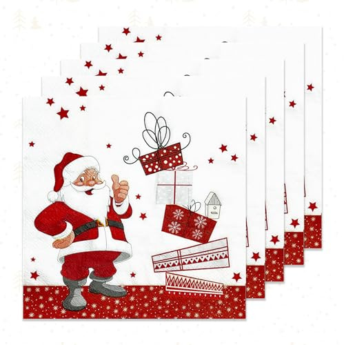 Servietten Weihnachten,20 Stück Weihnachtsservietten,für Tischdeko Christmas Weihnachtliche Papier,Weihnachtstischdeko Serviette 33x33 Cm Rot Weihnachtsmann