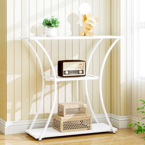 HDANI Tavolo consolle in metallo a 3 livelli con griglia media, tavolino sottile con telaio stabile, tavolo d'ingresso stretto e divano per corridoio, soggiorno, ingresso, bianco (80 x 30 x 78,5 cm)