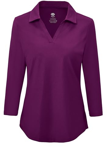 MoFiz Women Polo Shirts 3/4 Sleeve Cotton Golf Shirt V-Neck Casual Work Top | Breathable, Moisture-wicking Polo Shirt for Casual Daily wear, Golf, Tennis, Workout and other outdoor sports.