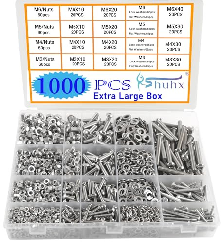 Rshuhx Ext Large Nuts and Bolts Sets M3 M4 M5 M6 1000pcs Round Head Allen Bolt 304 Stainless Steel Mechanical Screws Washers Nuts and Bolts Assortment Kit With Storage Box Hexagonal Wrench