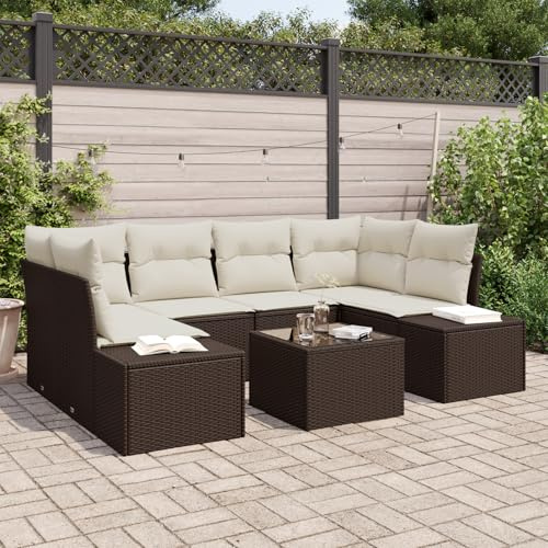 IBUQDDV 7-TLG. Garten-Sofagarnitur mit wetterfesten Kissen in Braun und Creme aus Poly Rattan und Metall für Balkon und Terrasse, U-förmiges Sofaset mit Tisch, langlebige