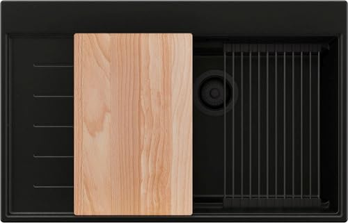 PRIMAGRAN Spülbecken ab 60er Unterschrank + Ablauf-Set, 78x50cm | Set: Ablauf-Set (Siphon, Ablaufgarnitur, Überlauf) + Granitspüle 1 Becken - Sydney Ergo, Alles Schwarz