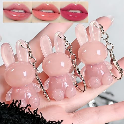 3er Set Rabbit Lip Gloss mit Schlüsselanhänger,feuchtigkeitsspendendes Jelly Lipgloss,Wasserfest & Langanhaltend Lip Tint,Makeup Geschenk für Frauen