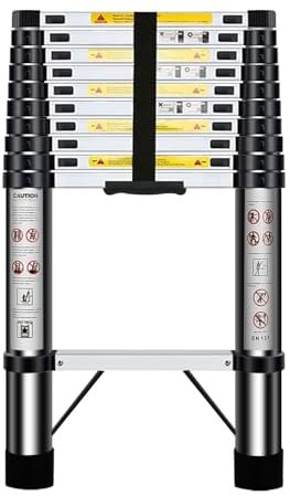 Nestling Telescopic Ladder 3.2m, Stainless Steel Loft Ladder Extendable, Max Load 150kg/330lb, Adjustable Step, for Decorating, Painting