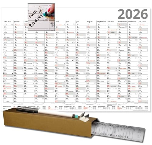 Großer Wandkalender DIN B1 2026 abwischbar xxl in Rot mit Folienstift Jahreskalender abwaschbar, Wandkalender groß, Plakat Kalender Sonn-und Feiertage in Rot mit Stift und Clip