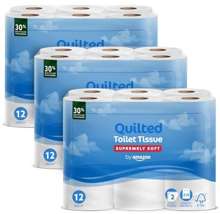 by Amazon Papier Toilette, 2 Épaisseurs Matelassé, Doux e Délicat, 36 Rouleaux (4 Paquets de 9), 210 Feuilles par Rouleau, Certifié FSC