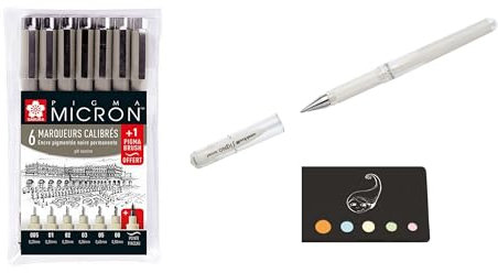 Set mit 7 Pigma Micron + Kugelschreiber, breite Spitze, Weiß + 1 Blumie Klebe-Index