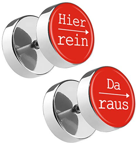 Piersando Damen Herren Ohrstecker mit runder Platte Doppel Kreis Ohrringe Fake Ohr Motiv Plug Piercing Spruch Hier rein Da Raus Rot 12mm