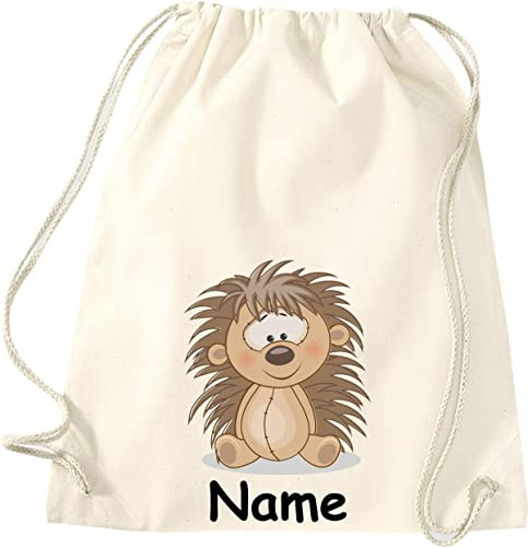 Shirtinstyle Gym Sack Kinder Turnbeutel Tiere Igel mit Wunschnamen, Beutel Tasche Hort Kita, Farbe Natur