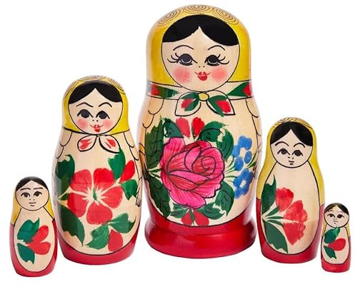 Semenovskaya Rospis Matroschka Puppen russische Babuschka Matrjoschka Holz original klassisch Set in 5 Figuren gelbes Tuch