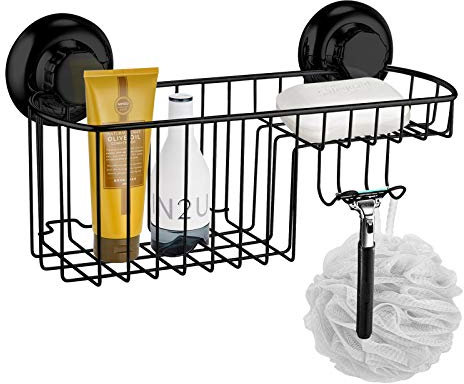 MaxHold Panier de Douche – Ventouse Système de Vide - Panier Combiné Multifonctionnel en Acier Inoxydable - Ne Rouille Jamais - Étagère de Rangement avec 2 Crochets pour Salle de Bain et Cuisine