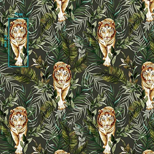 11,99€/m Tiger Zebra Elefant Wilde Tiere 100% Baumwolle Baumwollstoff Kinder Meterware Handwerken Nähen Stoff (Tiger Blätter Schwarz, 100x160cm)