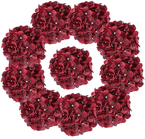 AVIVIHO Flores artificiales de seda de hortensias color burdeos, paquete de 10 flores de hortensias artificiales completas con tallos para boda, hogar, fiesta, tienda, decoración de baby shower