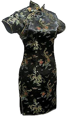 Robe courte chinoise courte Qipao élégante pour femme avec col mandarine Cheongsam - Noir - L